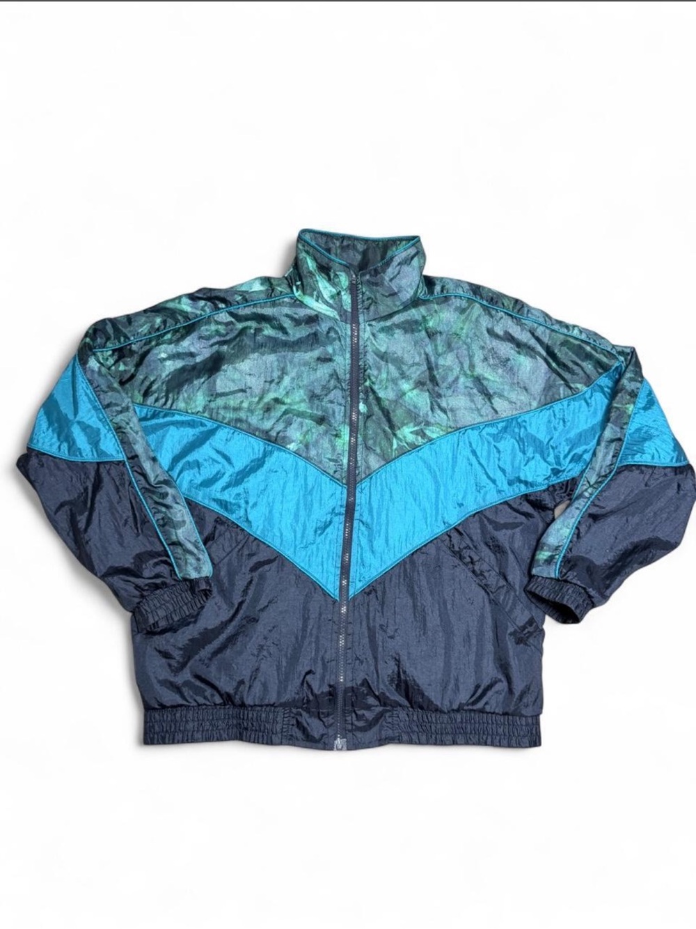 Vintage 90s LAVON Windbreaker Jacket M Teal Black Colorblock Nylon Retro